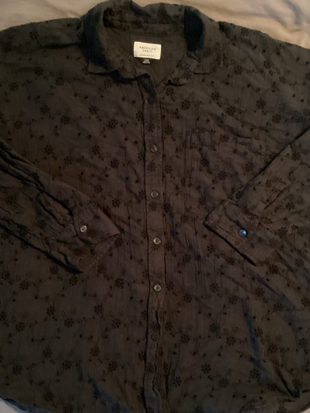 American Eagle Outfitters Black Eyelet Button-Down Shirt